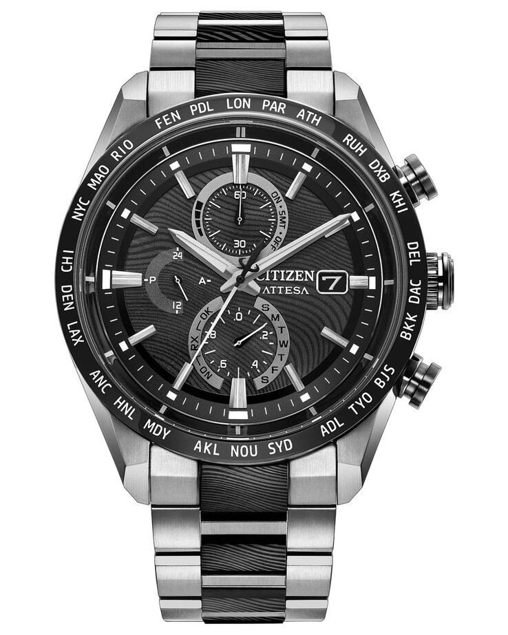 Zu den Merkmalen des Zifferblatts gehören aufgesetzte Indizes, drei Hilfszifferblätter und Weltzeitzonen-Markierungen rund um die Lünette