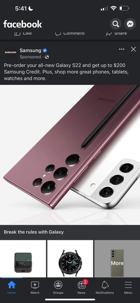Samsung sponsort auf Facebook bereits Werbung, die das Galaxy S22 und Galaxy S22 Ultra zeigt.