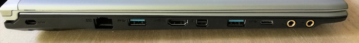 Linke Seite: Kensington Lock, Gigabit-LAN, 1x USB 3.0, HDMI, Mini-DisplayPort, 1x USB 3.0, 1x USB 3.0 Typ-C, Mikrofon, Kopfhörer