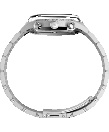 Seitenansicht des Timex Marlin Jet Chronograph mit großem gewölbtem Hesalitglas, Tachymeterlünette, Edelstahlgehäuse, Krone und Chronographendrückern.