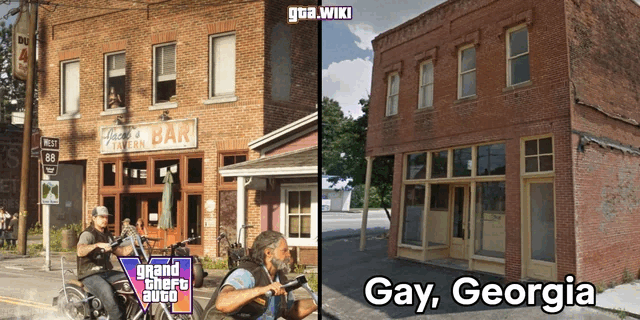 Ein Bildvergleich eines Gebäudes aus GTA 6 mit einem echten Gebäude aus Gay, Georgia. (Bildquelle: Reddit.)