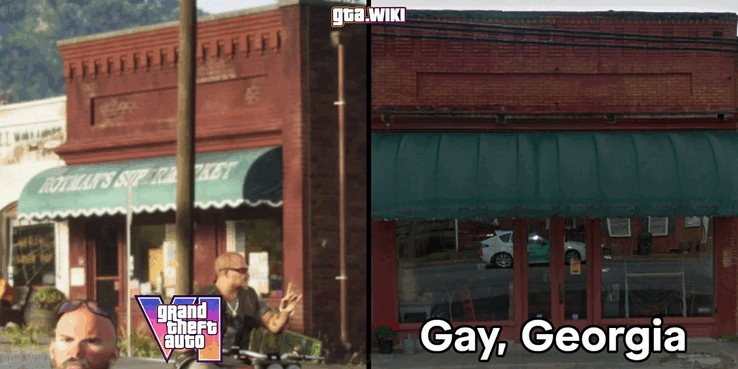 Ein Bildvergleich eines Gebäudes aus GTA 6 mit einem echten Gebäude aus Gay, Georgia. (Bildquelle: Reddit.)