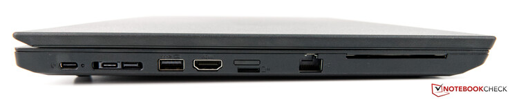 Links: USB-C Gen. 2 (mit Stromversorgung), Side-Dock-Connector (USB-C Gen. 1 + Netzwerk), USB 3.1 Typ-A, HDMI 1.4b, Nano-SIM, microSD, RJ45, SmartCard