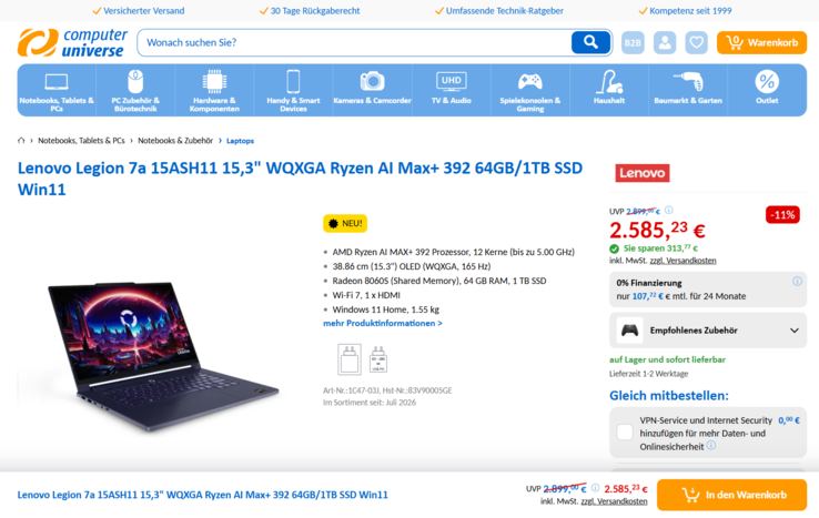Lenovo Legion 7a 15ASH11 83V90005GE für 2.585,23 Euro.