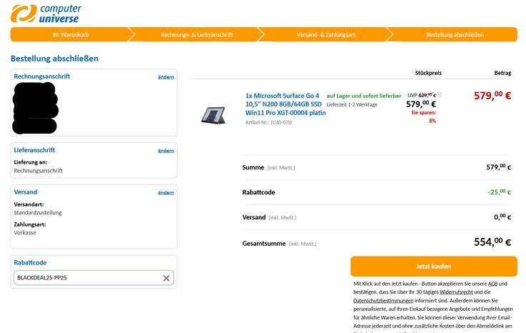Ein Rabattcode senkt den Preis um 25 Euro: Microsoft Surface Go 4 im Angebot für 554 Euro.