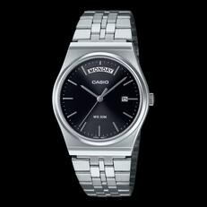 Casio MTP-B146D-1AV mit Edelstahlgehäuse, silberfarbenem Armband und schwarzem Zifferblatt mit Sonnenschliff