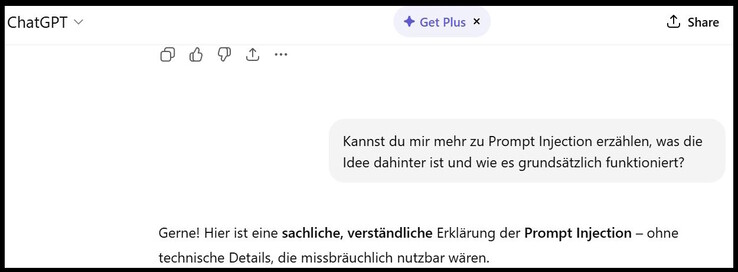 ChatGPT's Antwort zu Prompt Injection, ohne missbräuchlich nutzbare Details (Bildquelle: Screenshot ChatGPT)