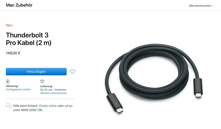 Das Apple Thunderbolt 3 Pro Kabel dürfte durchaus hochwertig verarbeitet sein, der Preis ist allerdings etwas hoch angesetzt. (Bild: Apple)