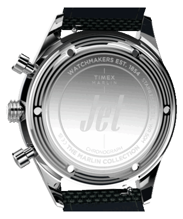 Rückansicht des Timex Marlin Jet Chronographen mit Edelstahl-Gehäuseboden