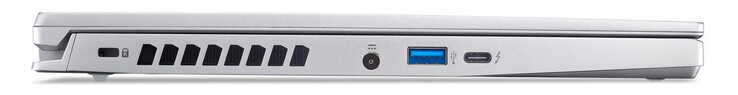 Linke Seite: Steckplatz für ein Kabelschloss, Netzanschluss, USB 3.2 Gen 2 (USB-A), Thunderbolt 4 (USB-C; Power Delivery, Displayport)
