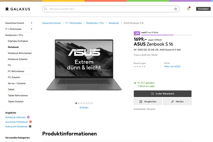 Asus ZenBook S16 UM5606GA-SR305W für 1.699 Euro.