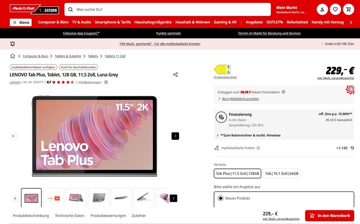 Das Lenovo Tab Plus wäre dank einer Rabattaktion (Mehrwertsteuer geschenkt) bereits für 192,44 Euro zu haben.