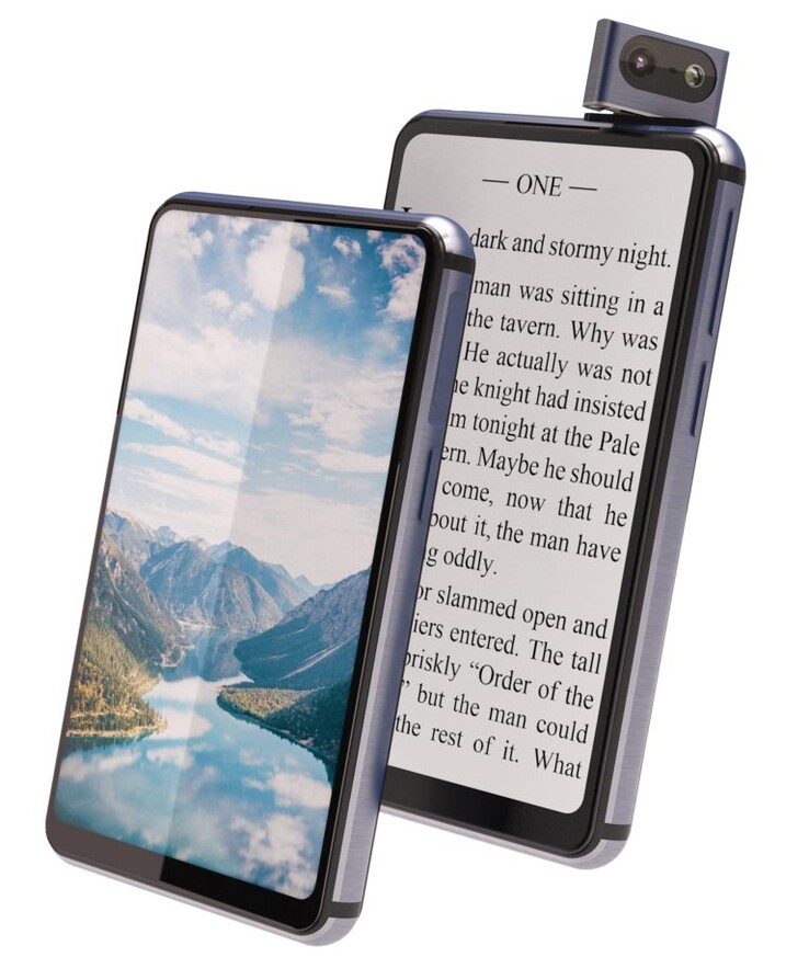 Ein potentielles OneDevice-Modell mit e-Paper-Display an der Rückseite.