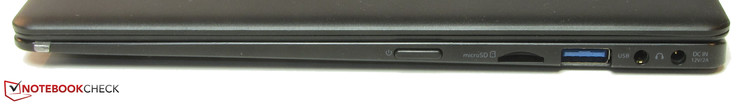 Rechte Seite: Einschaltknopf, Speicherkartenleser (microSD), USB 3.1 Gen 1 (Typ A), Audiokombo, Netzanschluss