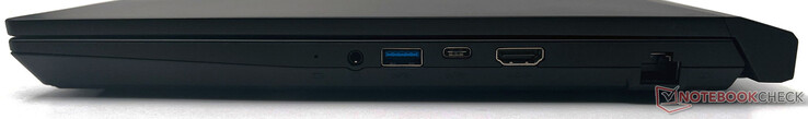 Rechts: Akku-LED, kombinierter 3,5-mm-Audioanschluss, USB 3.2 Gen. 1 Typ-A, USB 3.2 Gen. 1 Typ-C, HDMI 2.0b, RJ-45 Gigabit Ethernet