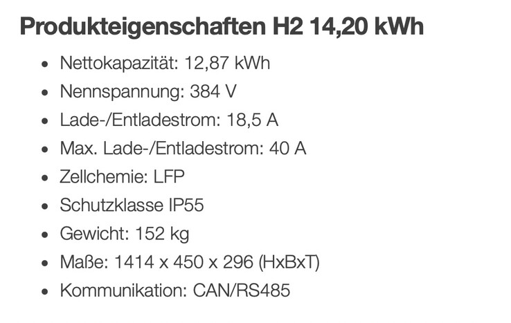 Technische Daten bei vier Batteriemodulen (Bild: Bayerischer Solarmarkt)