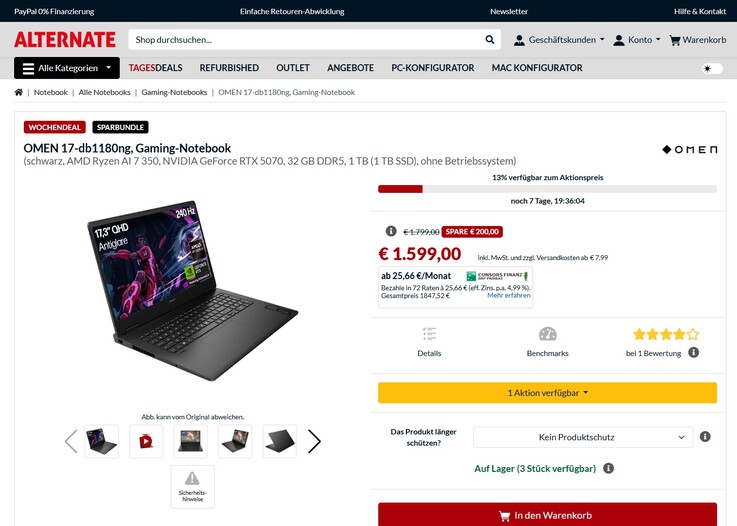 HP Omen 17-db1180ng (C2AK4EA) für 1.599 Euro.