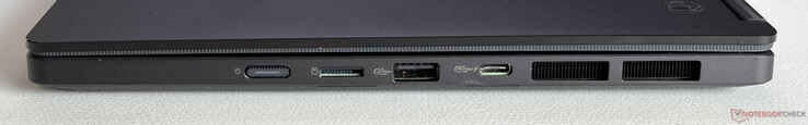 Rechts: Ein-/Aus-Taste, microSD-cardreader, USB-A 3.2 Gen.2 (10 Gbit/s), USB-C 4.0 (40 Gbit/s, DisplayPort, Stromversorgung)
