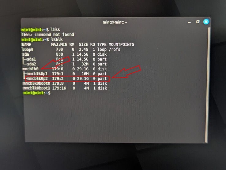 Nochmal lsblk: Alles korrekt, 2. Partition ist 29 GB groß