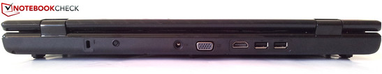 Rückseite: Kensington Lock, Netzstecker, analoger VGA, HDMI, 2x USB 2.0