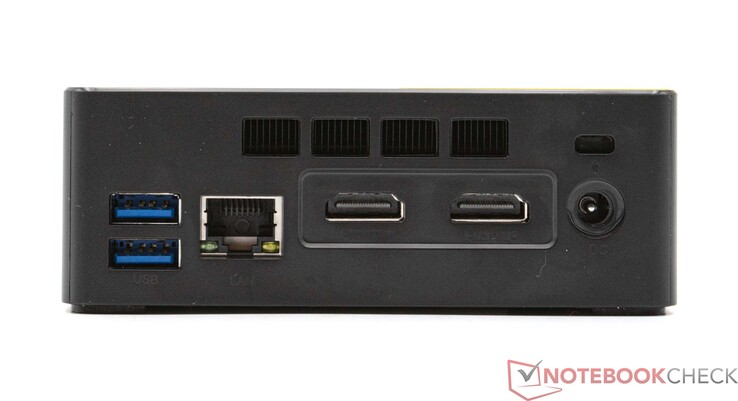 Rückseite: 2x USB 3.2 Gen2 (10 Gbps), GBit-LAN, 2x HDMI (max. 4K@60Hz), Netzanschluss (12V 3,0A)