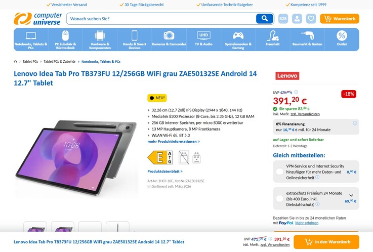 Lenovo Idea Tab Pro (ZAE50132SE) für 391,20 Euro.