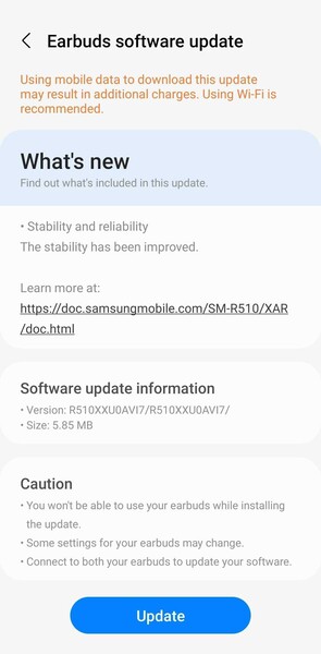 Changelog des Updates für die Samsung Galaxy Buds2 Pro (Bild: Sammobile)