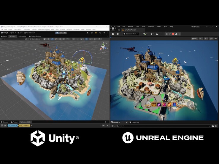 Die Demo zeigt das Fantasy-Kingdom-Projekt im Unity Editor und die von der Unreal Engine gerenderte Version im direkten Vergleich. 