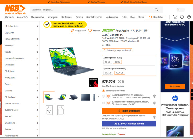 Acer Aspire 14 AI (A14-11M-X0Q0) für 879 Euro.