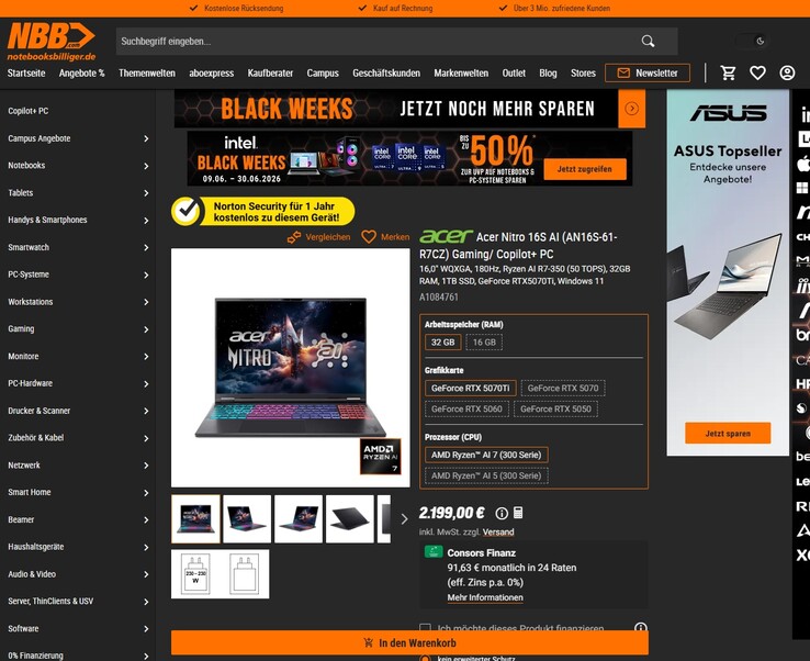 Acer Nitro 16S AI (AN16S-61-R7CZ) für 2.199 Euro.