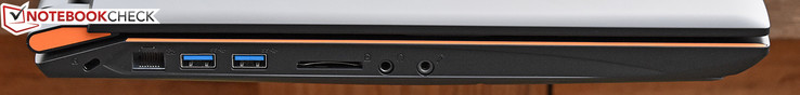 links: Kensington Lock, Gigabit Ethernet, USB 3.0 x 2, SD-Kartenleser, Kopfhörer, Mikrofon