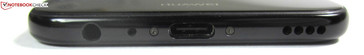 Fußseite: Headset-Buchse, Mikrofon, USB-2.0-Anschluss Typ-C, Lautsprecher