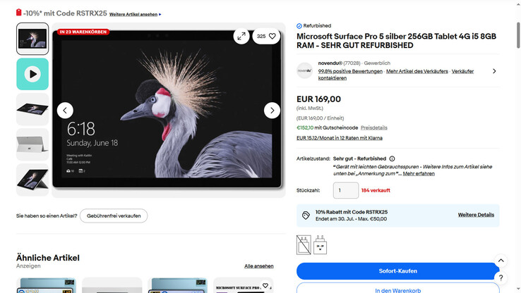 Microsoft Surface Pro 5 im Angebot für 152,10 Euro.
