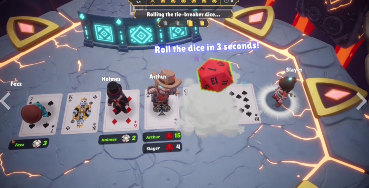 Multiplayer-Partie in One Last Hand mit Karten und einem Würfelwurf zur Entscheidung bei Gleichstand