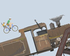 Eine Spielszene aus Happy Wheels zeigt einen Vater und ein Kind auf einem Fahrrad, die auf einem von Nutzern erstellten Hindernisparcours auf eine große Lokomotive zufahren