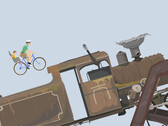 Eine Spielszene aus Happy Wheels zeigt einen Vater und ein Kind auf einem Fahrrad, die auf einem von Nutzern erstellten Hindernisparcours auf eine große Lokomotive zufahren