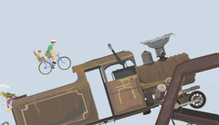 Eine Spielszene aus Happy Wheels zeigt einen Vater und ein Kind auf einem Fahrrad, die auf einem von Nutzern erstellten Hindernisparcours auf eine große Lokomotive zufahren
