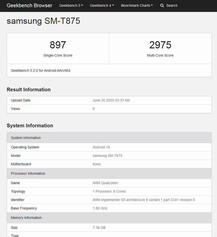 Die geleakten Spezifikationen zum Samsung Galaxy Tab S7 5G. (Quelle: Geekbench)