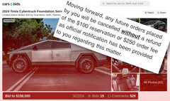Dieser Tesla Cybertruck auf Cars &amp; Bids ist von Teslas Anti-Verkaufs-Politik ausgenommen, aber andere haben Verbote für ähnliche Verkaufsversuche erhalten (Bild: Cars &amp; Bids / Cybertruck Owners Club - bearbeitet)