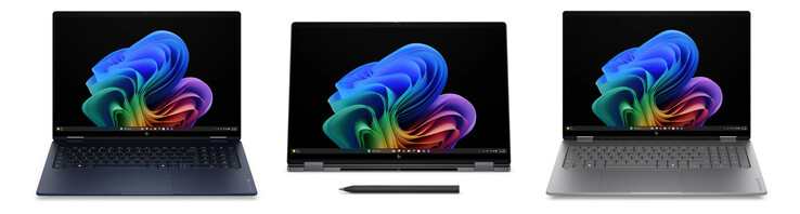 Das OmniBook X Flip 16 in den Ausführungen Atmospheric Blue, Eclipse Grey und Meteor Silver, von links nach rechts.