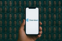 Smartphone mit Clearview AI darauf, Gesichtsdatenbank im Hintergrund (Bildquelle: KI-generiert)