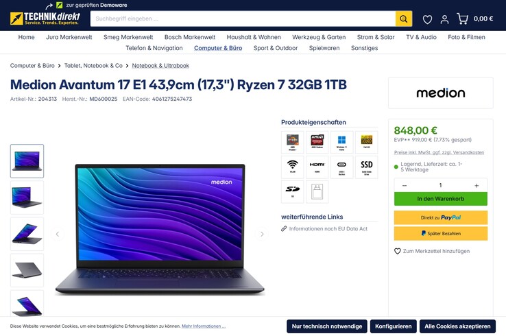 Medion Avantum 17 E1 (MD600025) für 848 Euro.