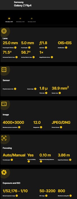 Zum Vergleich: Das Samsung Galaxy Z Flip4 in der Camera FV-5 Datenbank.