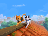 Wichtiges Werbebild zu The Missing Tail, das eine königliche Katze und eine Streunerkatze bei der gemeinsamen Erkundung eines Dorfes zeigt