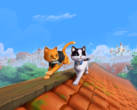 Wichtiges Werbebild zu The Missing Tail, das eine königliche Katze und eine Streunerkatze bei der gemeinsamen Erkundung eines Dorfes zeigt
