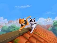Wichtiges Werbebild zu The Missing Tail, das eine königliche Katze und eine Streunerkatze bei der gemeinsamen Erkundung eines Dorfes zeigt