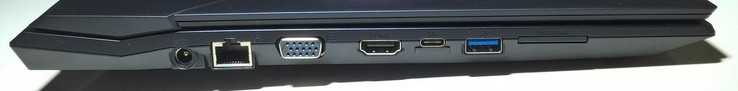 linke Seite: Netzanschluss, LAN, VGA, HDMI, 1x USB Typ-C, 1x USB 3.0, SD-Kartenleser