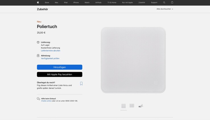 Der Apple Online Store hat das teure Poliertuch endlich wieder auf Lager. (Screenshot: Apple)