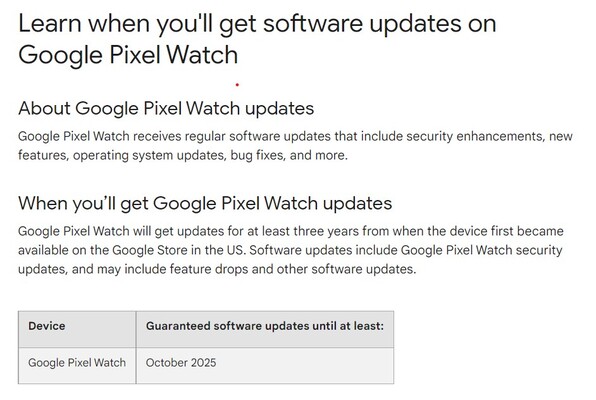 Bis zum Oktober 2025 soll die Google Pixel Watch garantiert Wear OS Updates erhalten.