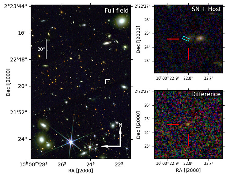 Ein Bild, das den Standort der Supernova und ihrer Wirtsgalaxie zeigt